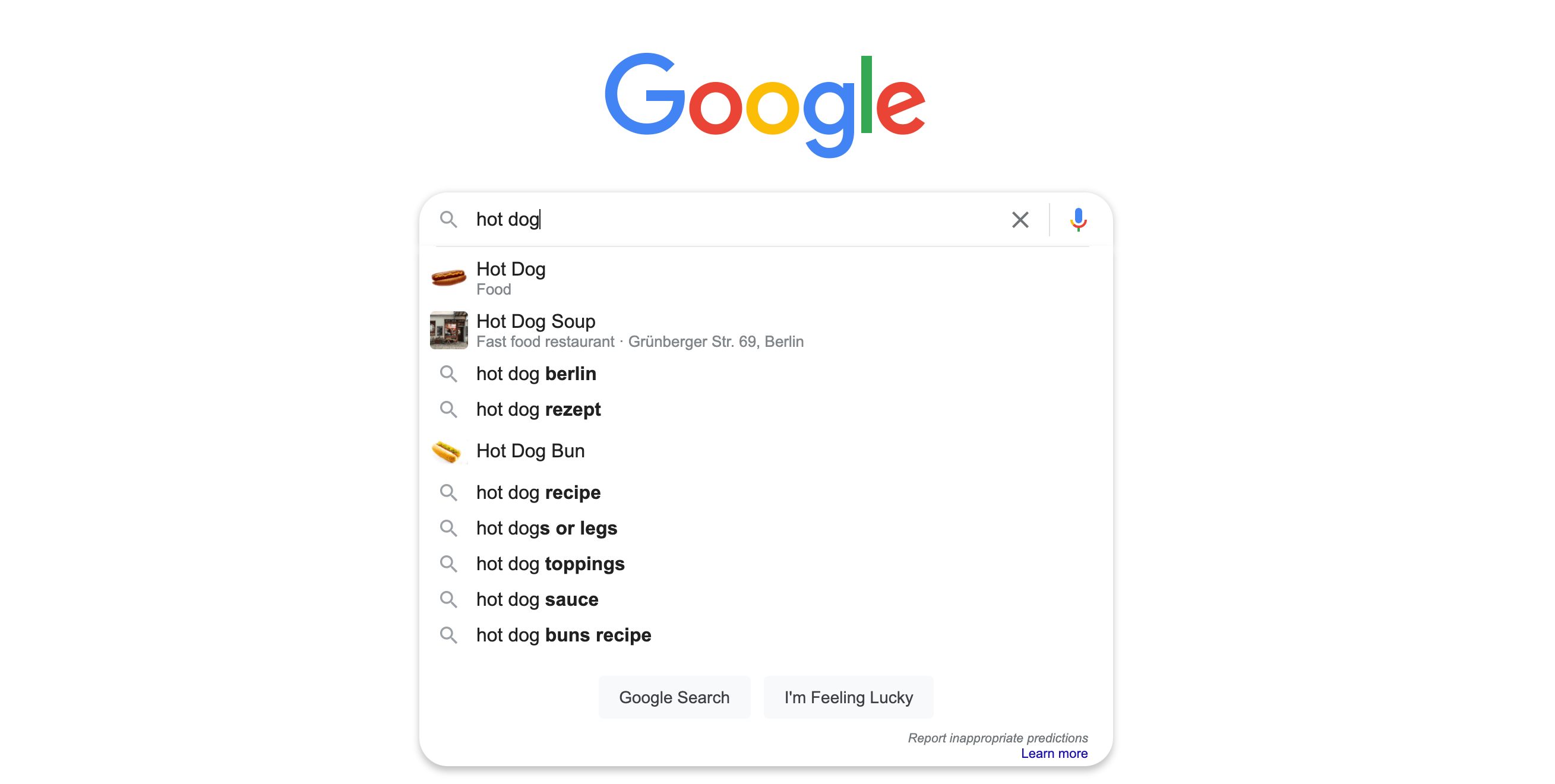 Screenshot der Google-Vorschläge zum Keyword „hot dog
