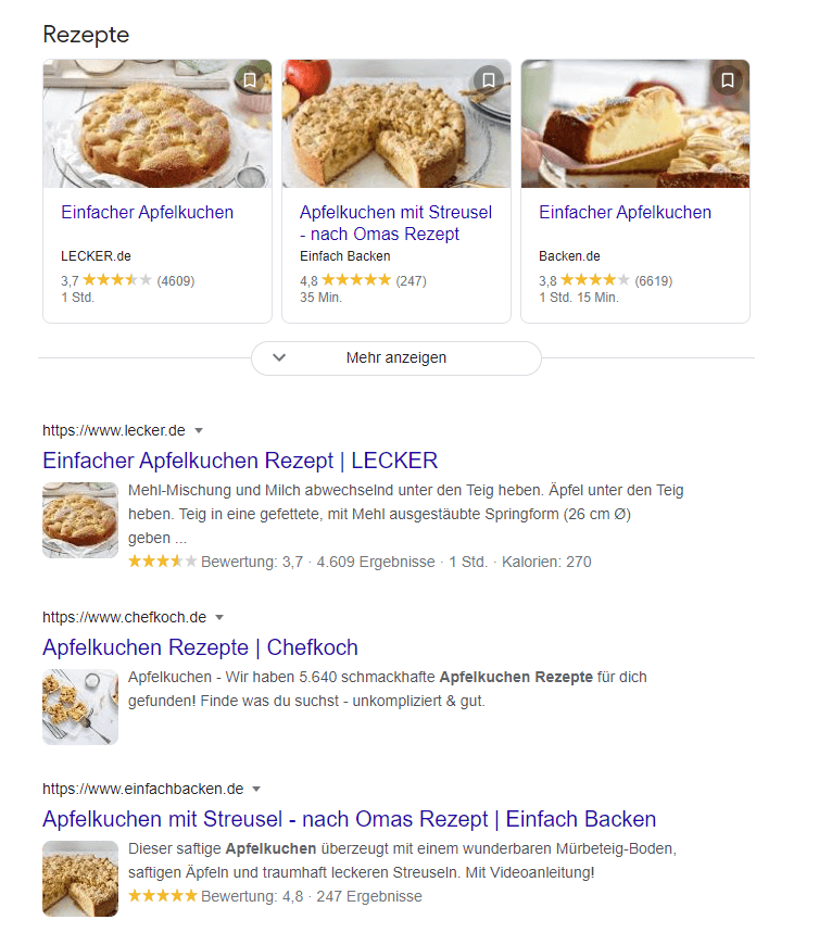 Screenshot der organischen Suchergebnisse zu