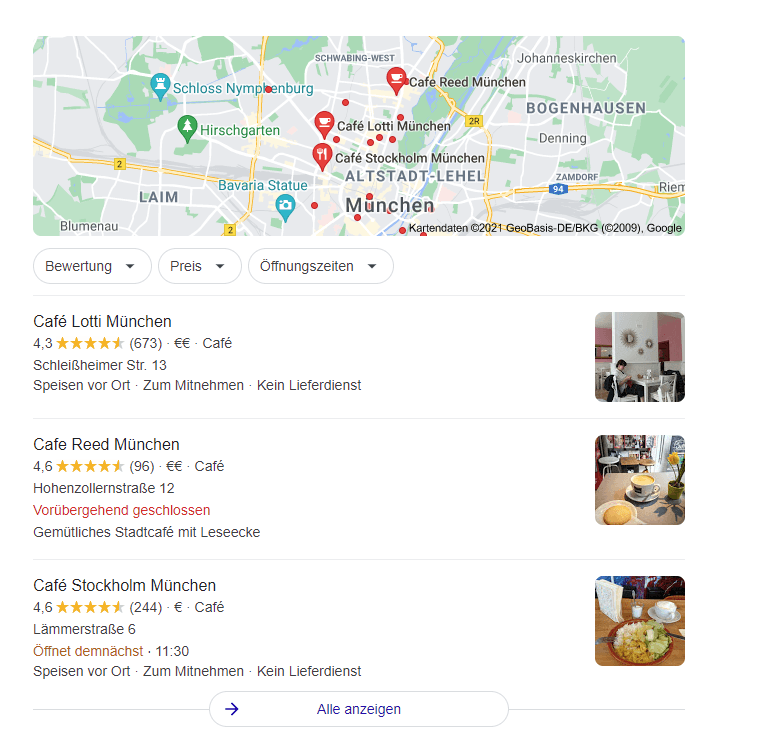 Screenshot des Local 3-Packs zur Suchanfrage „Café in München“