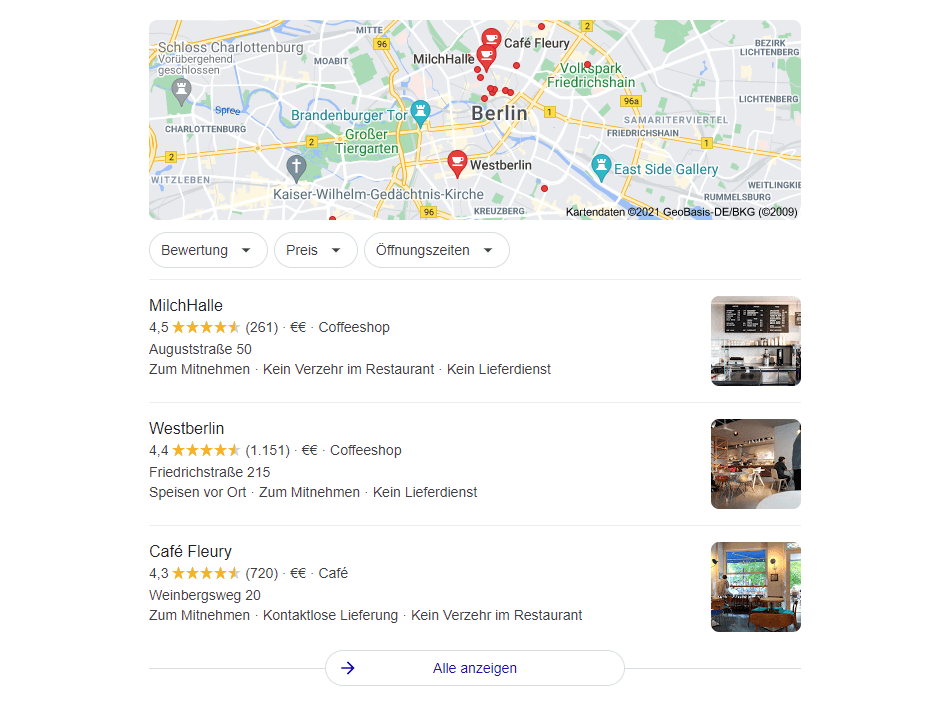 Lokale Suchergebnisse (Local 3-Pack) zu „Café Berlin“