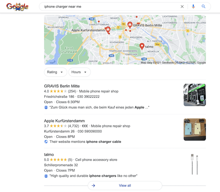 Screenshot des Google Local Pack für eine produktbezogene Umgebungssuche