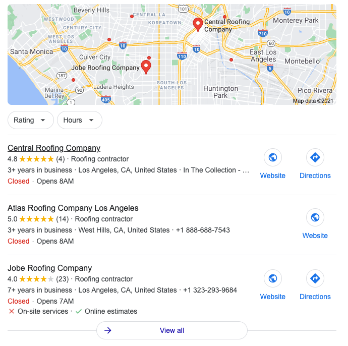 Google search results for a local roofing company showing three GMB listings.