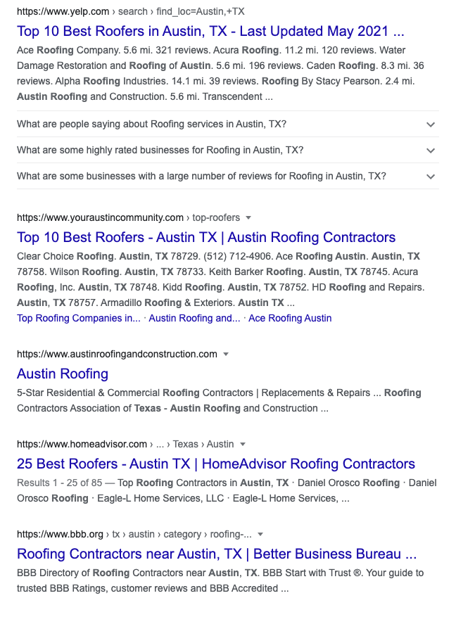 Google search results for "roofers in Austin Texas" showing predominantly directories.