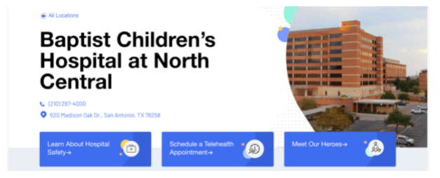 Local on-page seo for multi-location businesses: Baptist Children's Hospital at North Central locator page showing NAP details