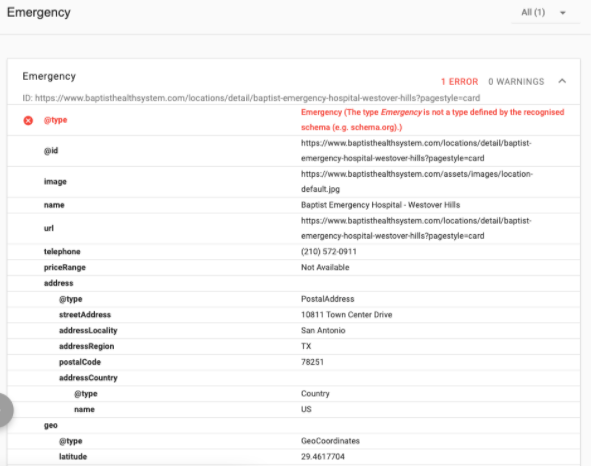 Local on-page seo for multi-location businesses: Baptist Children's Hospital at North Central locator page schema markup with type errorl