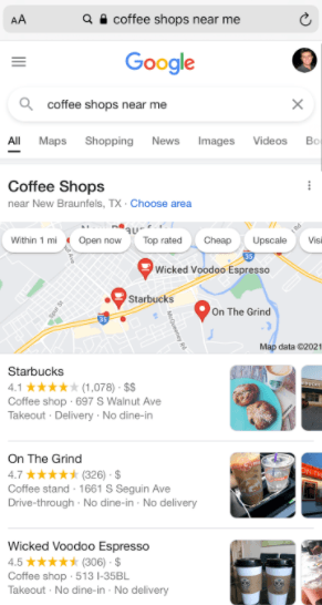 Local on-page seo for multi-location businesses: coffee shops near me Google search