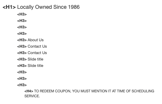 Local on-page seo for multi-location businesses: example of heading tags from unoptimized website on page 7 of Google