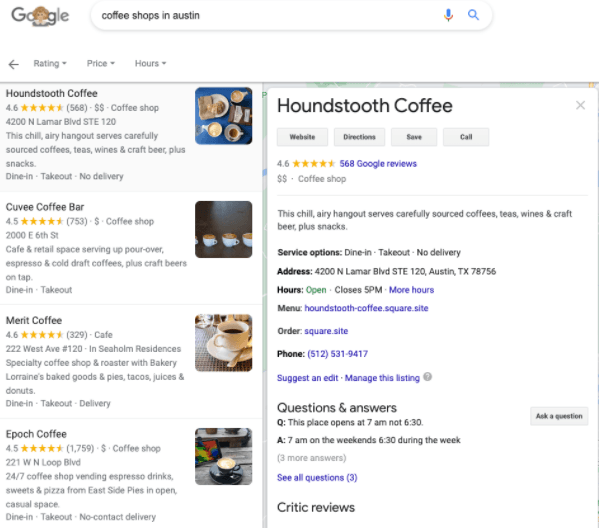 Local on-page seo for multi-location businesses: coffee shops in austin Google search