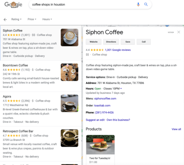 Local on-page seo for multi-location businesses: coffee shops in houston Google search