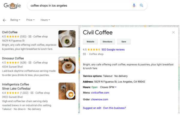 Local on-page seo for multi-location businesses: coffee shops in los angeles Google search