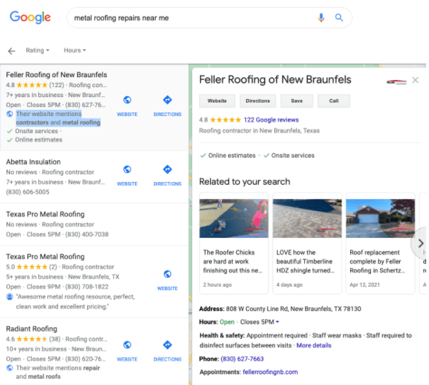 Local on-page seo for multi-location businesses: metal roofing repairs near me Google search