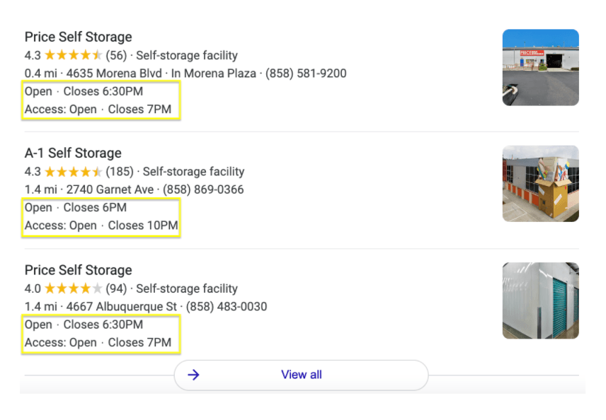 Google My Business More Hours showing self storage access