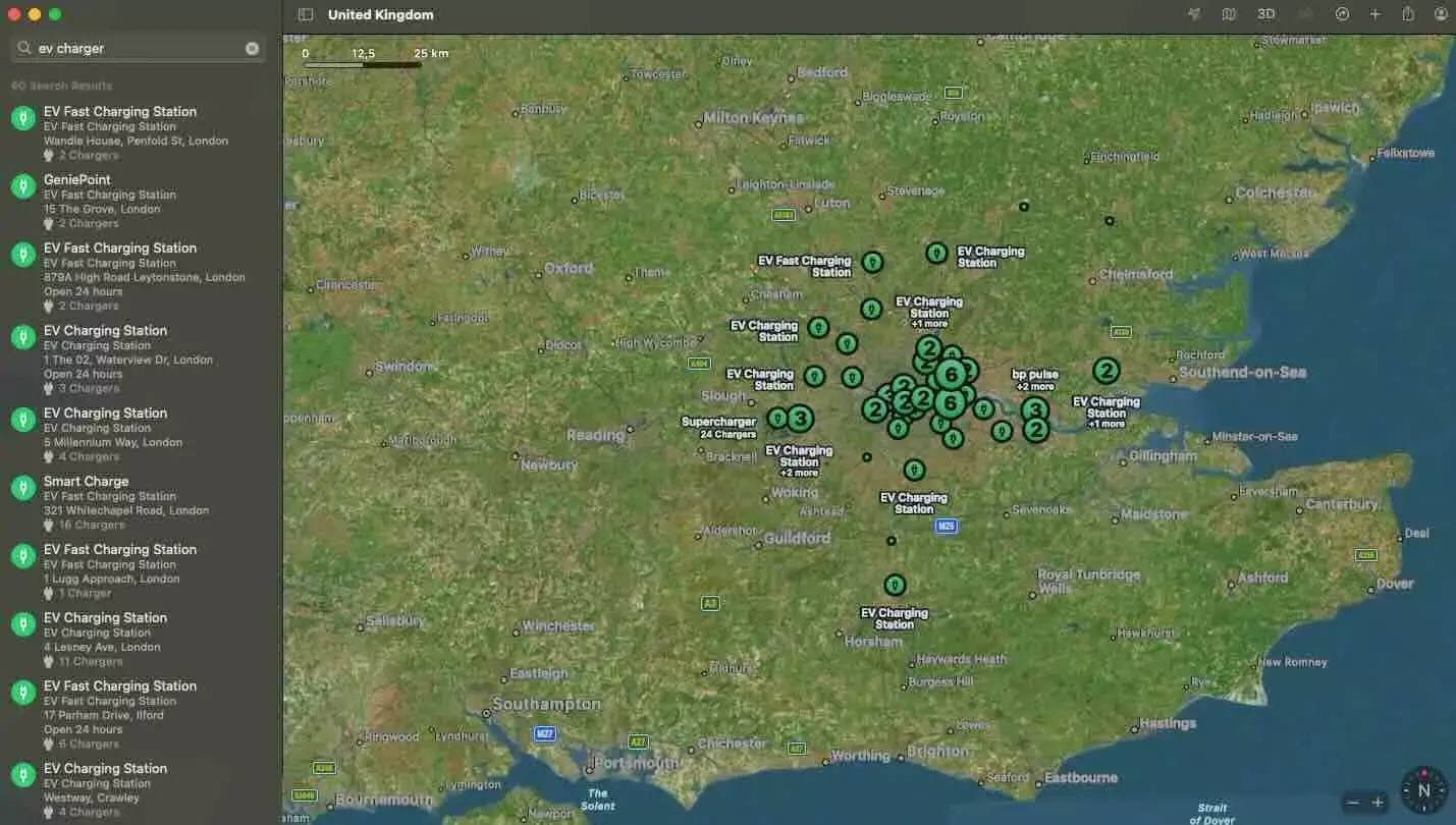 EV Charing Stations on Apple Maps for EV Routing