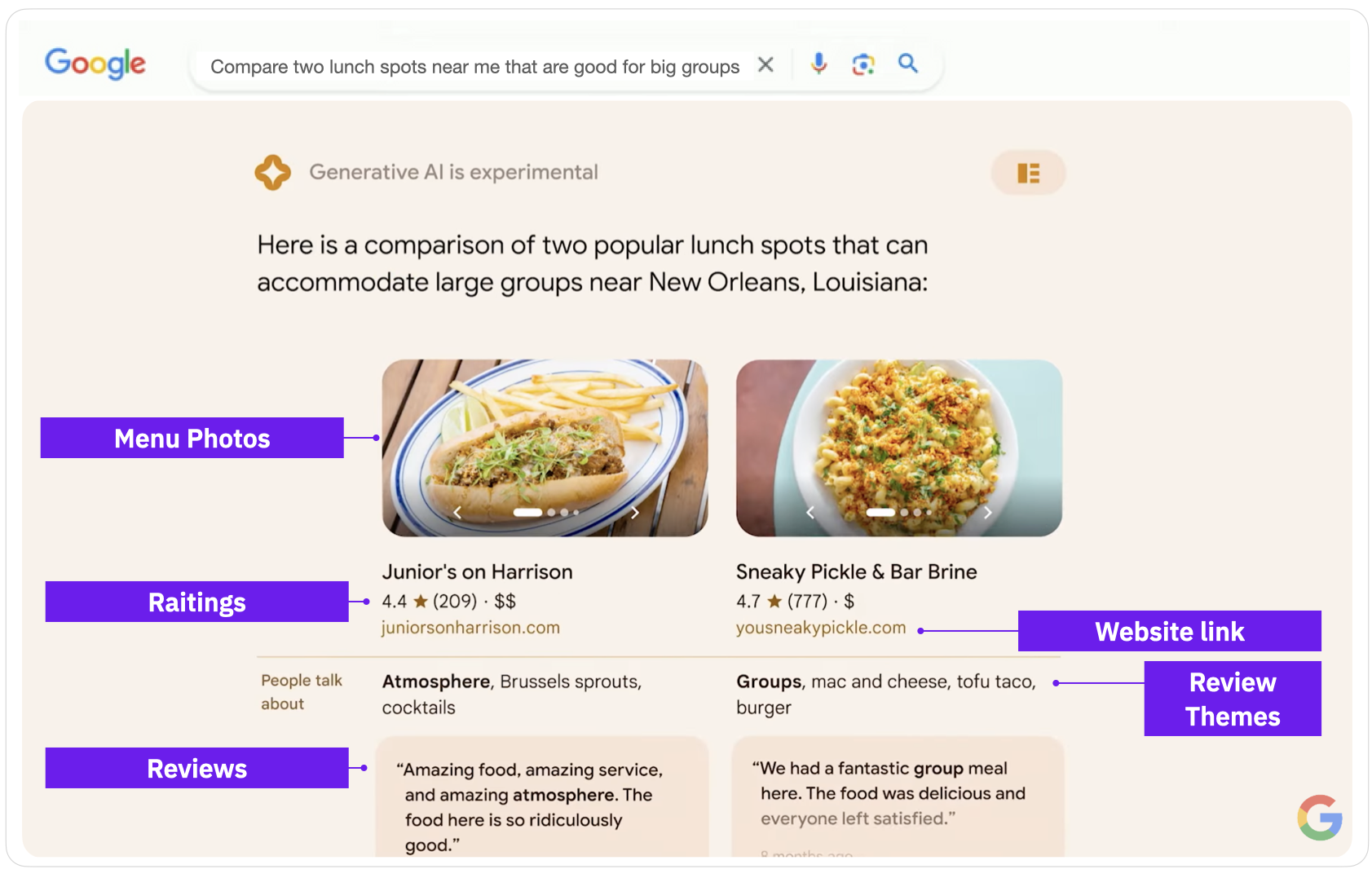 Google I/O - Search Generative Experience - Vergleich von lokalen Angeboten - Restaurants