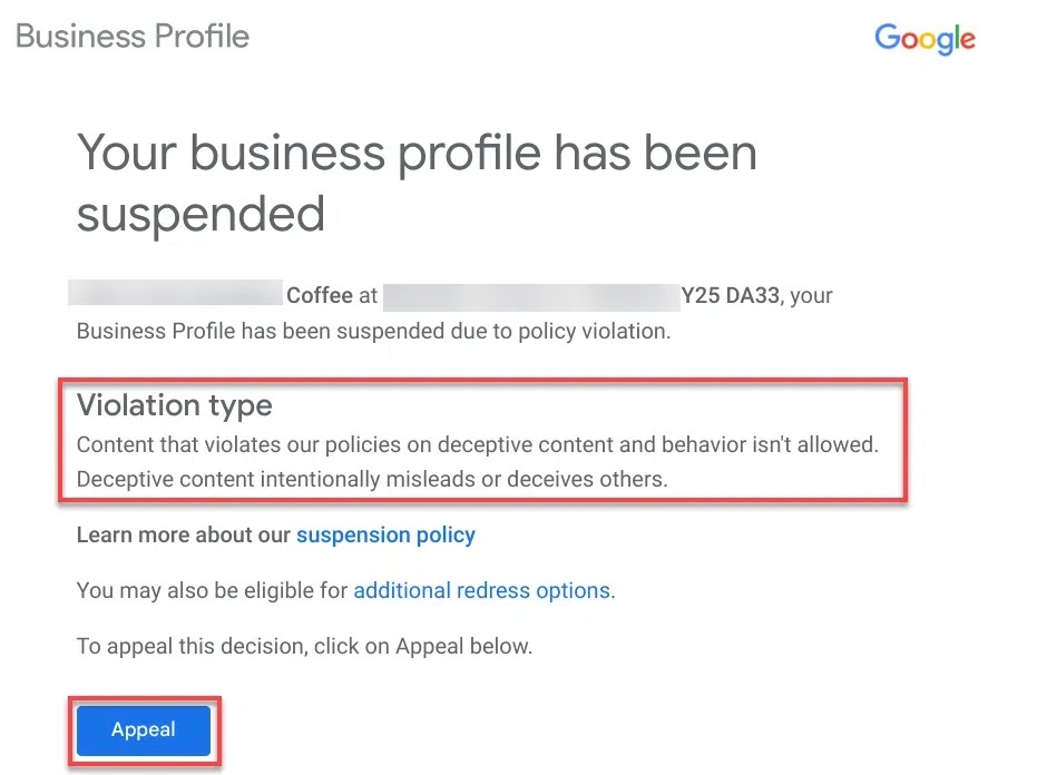 Google Business Profile Suspension Appeal